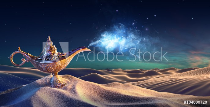 Picture of Lamp of Wishes In The Desert - Genie Coming Out Of The Bottle